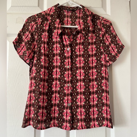 no & su % Silk Multicolor Women’s Short Sleeve, Button Up  Top Blouse Sz M - Picture 1 of 9